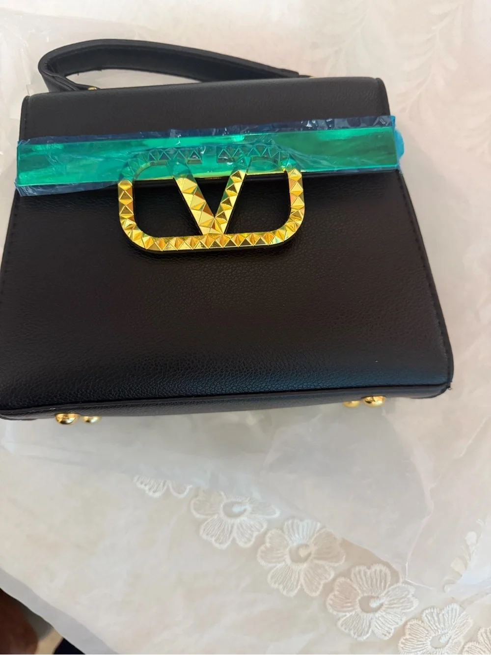 Valentino Garavani Black Leather Top-Handle Satchel with Gold V Stud Logo